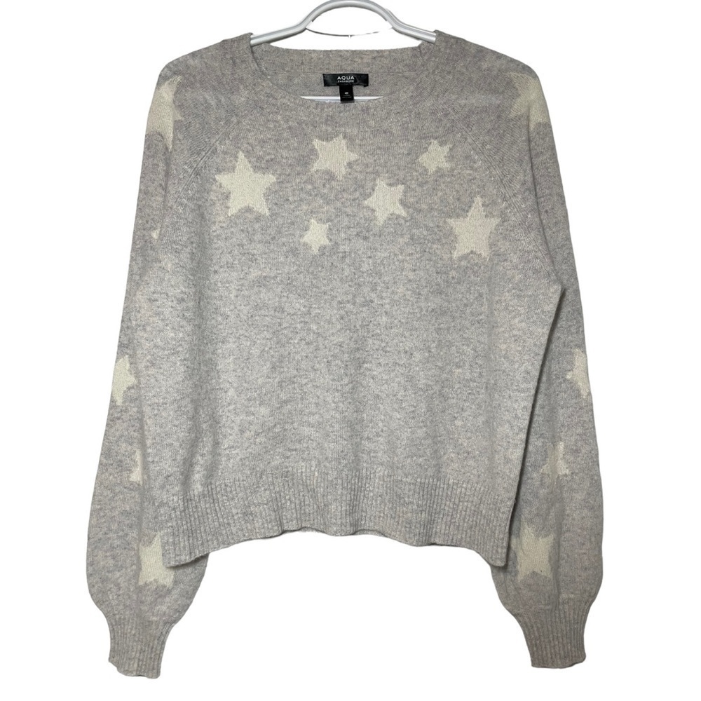 Cashmere Aqua Light Gray Star Pattern Crewneck Sweater
